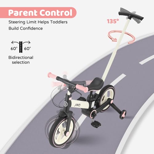 JMMD Toddler Bike with Push Handle for Kids 18-60 Months, 6 in 1 Foldable Push Bike with Training Wheels, Pedals, Brakes, Kickstand