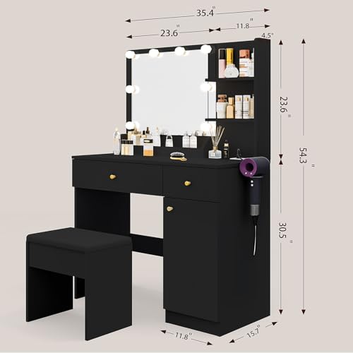 Vanity Desk with Mirror and Lights Dimmable LED Makeup Table with Drawers Side Cabinet 3 Storage Shelves Power Outlet Dressing Table Set Include