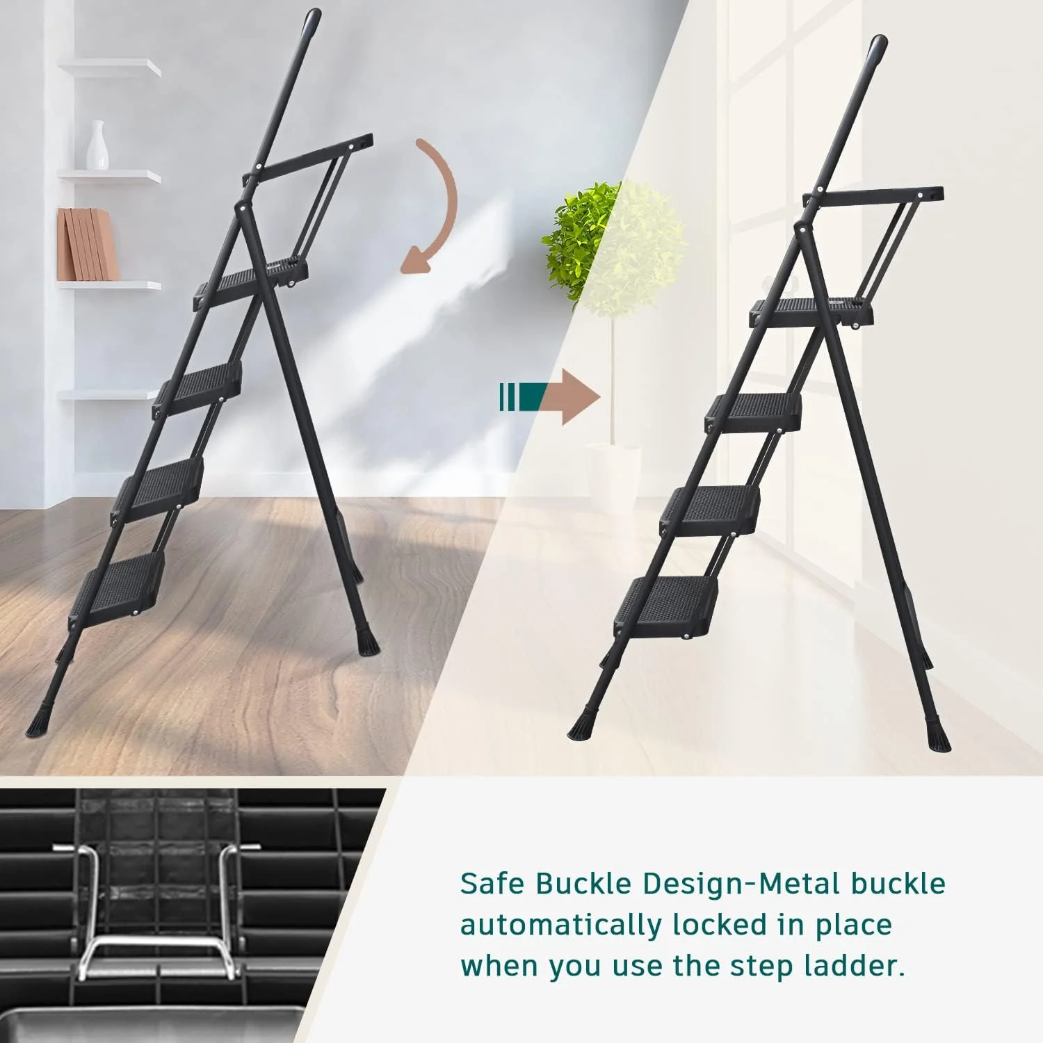 4 Step Ladder with Tool Tray, Folding Step Stool with Wide Non-Slip Pedal and Comfort Handgrip for Household and Office