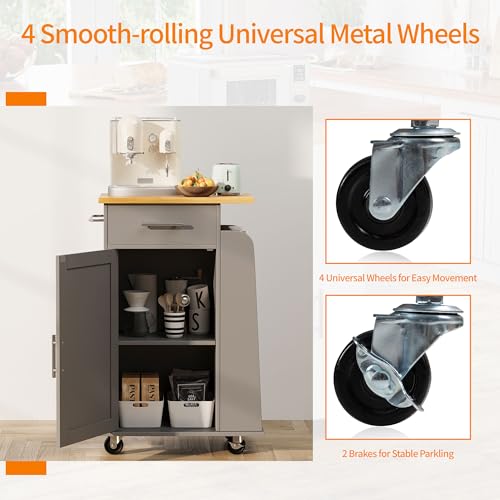Shintenchi Rolling Kitchen Island Cart with Folding Drop Leaf Breakfast Bar, Portable Trolley Island with Large Storage Cabinet, Shelf and Drawer
