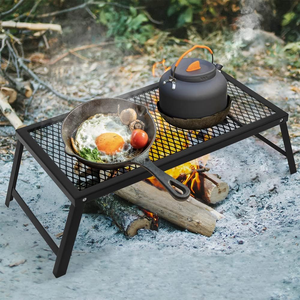 Folding Campfire Grill Heavy Duty Steel Grate with Legs Portable Over Fire Camp Grill for Outdoor Cooking Grill Traveling Picnic, Black