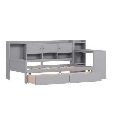 Corner Twin Bed Frame with Bookcase Storage and Desk, Wood Day Beds with 2 Drawers, Twin Size Daybed with Storage for Living Room