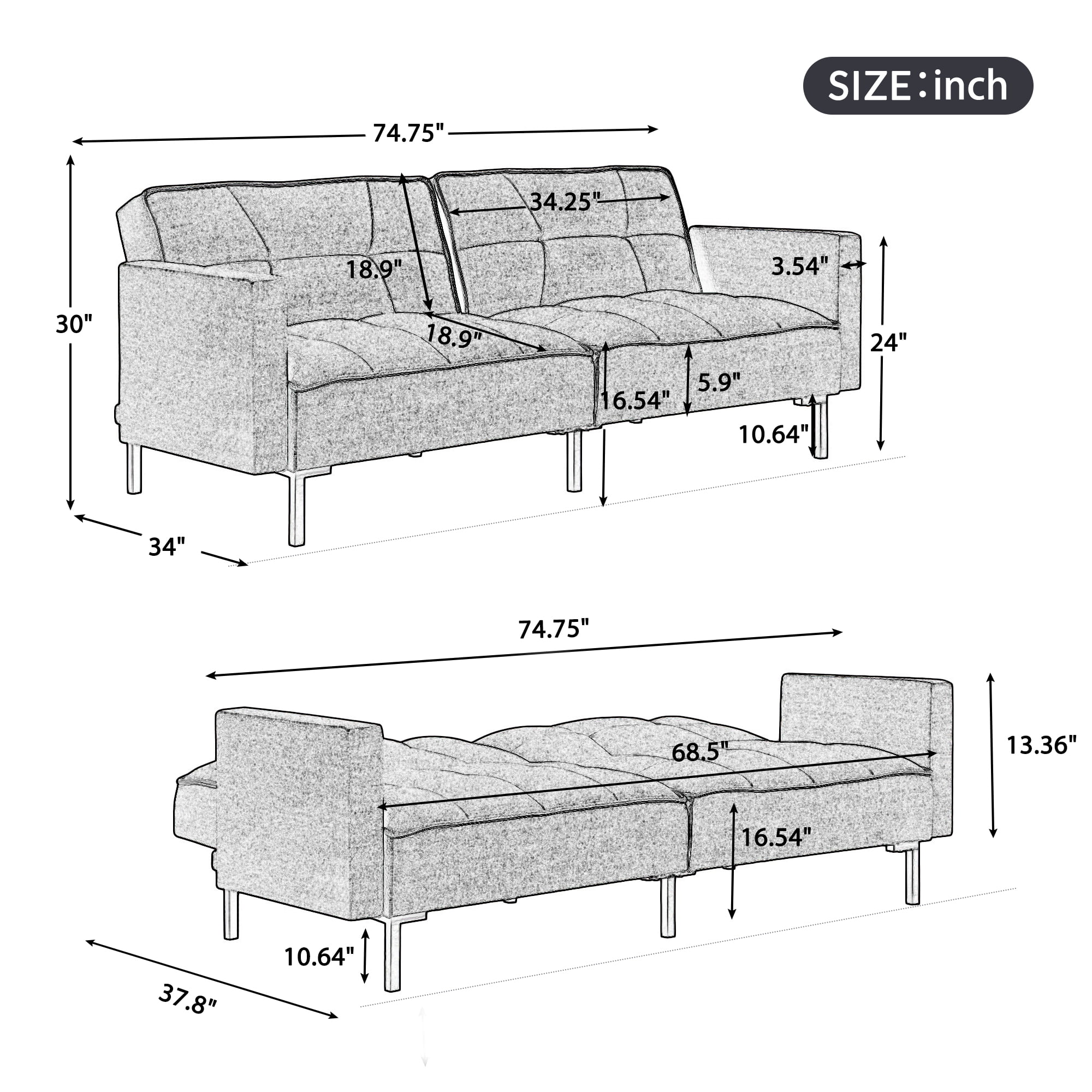 75" W Sectional Sofa Convertible Folding Futon Sofa Bed 3 Seat Couch, Modern Sofa with Linen Fabric, Couches Sofas for Living Room Apartment Bedroom