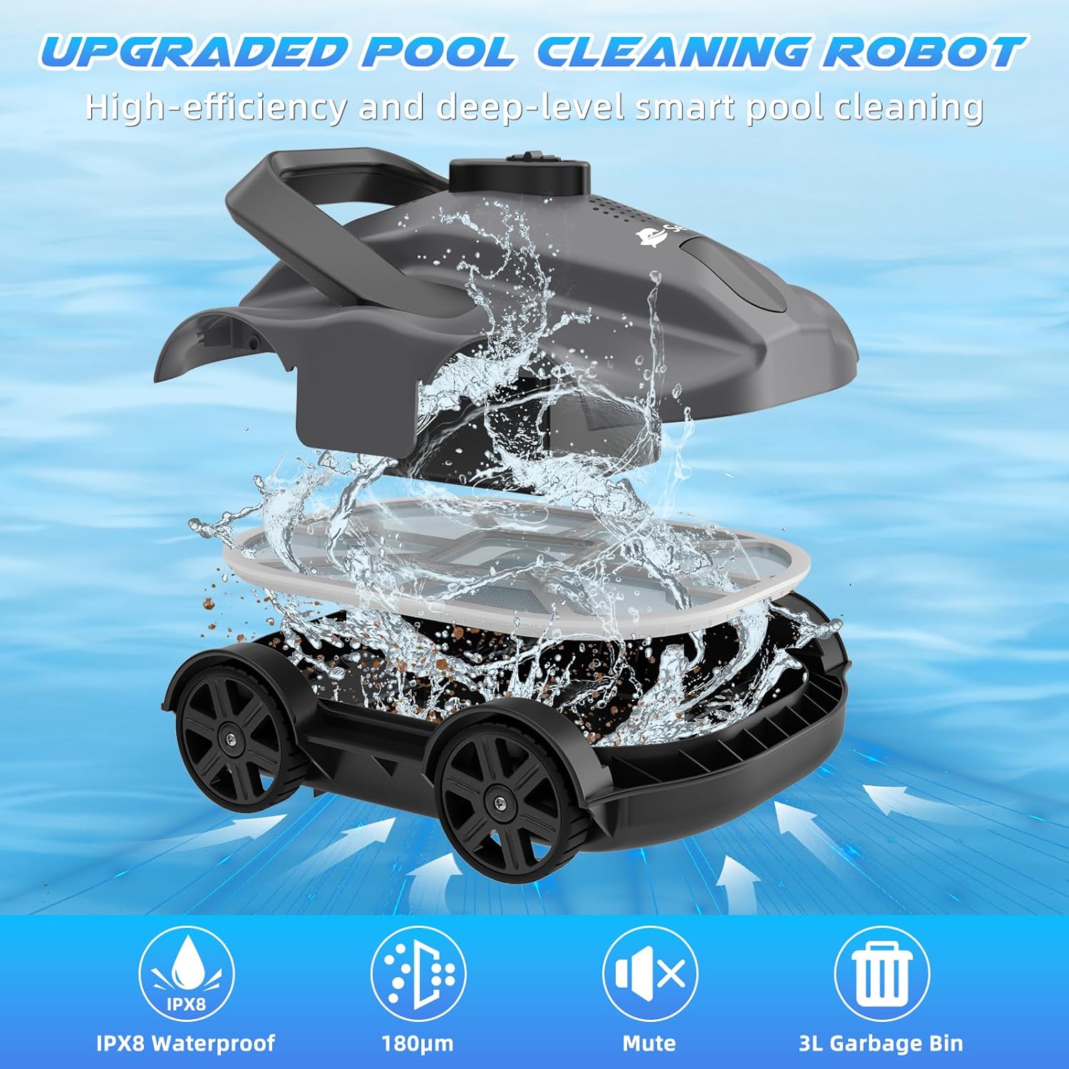 Pool Vacuum for Above Ground Pool - Cordless Design, Dual Powerful Suction Ports, 130 Mins Lasting, 1076 Sq.Ft Coverage, Automatic Cleaning & Parking