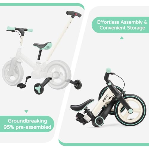 JMMD Toddler Bike with Push Handle for Kids 18-60 Months, 6 in 1 Foldable Push Bike with Training Wheels, Pedals, Brakes, Kickstand
