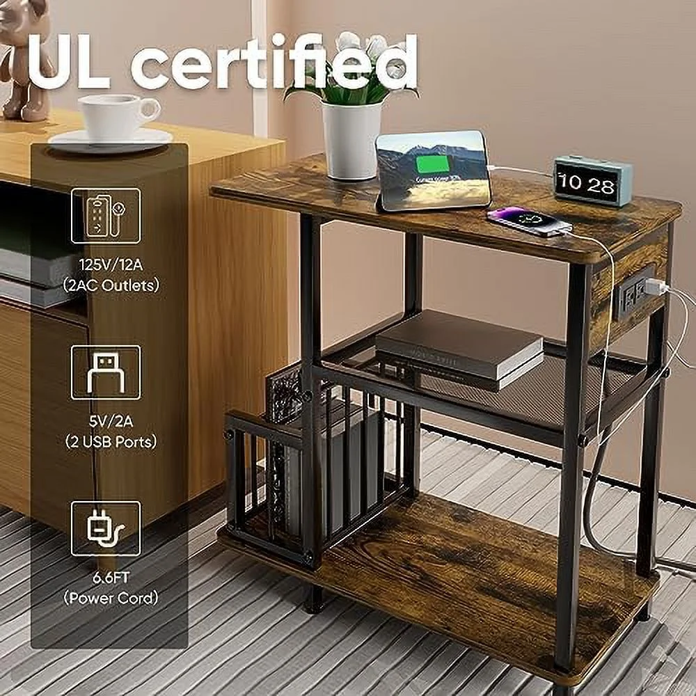 Side Tables Set of 2 with with USB Ports and Outlets End Tables with Charging Station  Narrow Nightstand with  Shelf for Living Room Bedroom Small