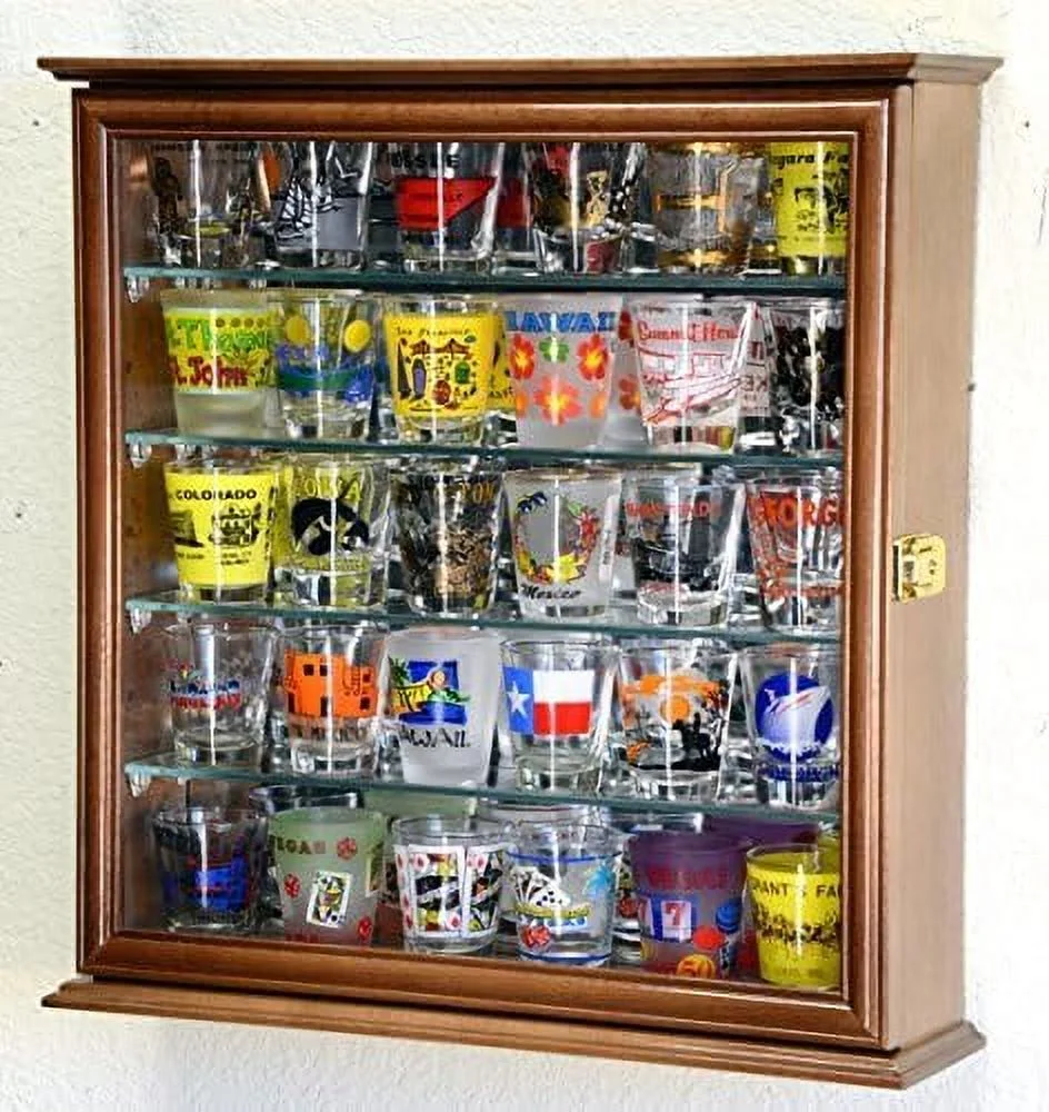 4 Adjustable Shelves Shot Glass Shotglass Shooter Mini Liquor Display Case Cabinet W/Mirror Back -Walnut