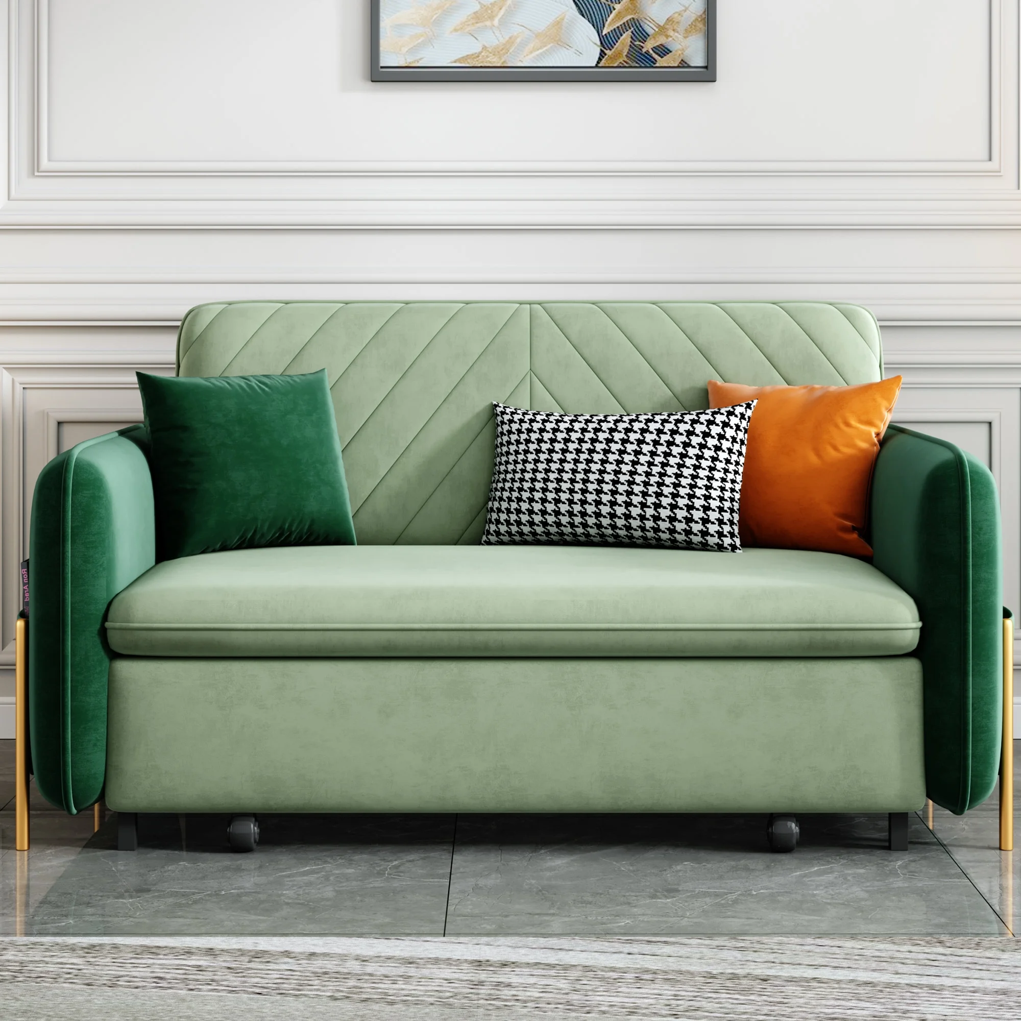 53.5" Full Sleeper Sofa Green Upholstered Convertible Sofa Bed 3 in 1 Sleeper Sofa Couch Bed