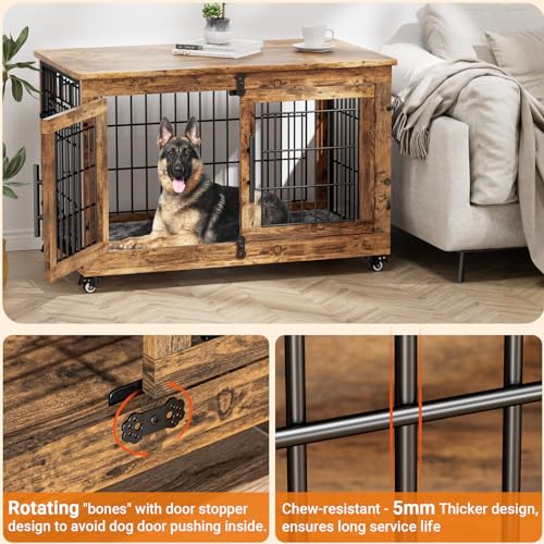 Lulive Dog Crate Furniture for Medium Dogs, 32'' Dog Kennel Indoor with Cushion & Wheels Wooden Dog Cage Double Doors Dog Crate End Table, Grey