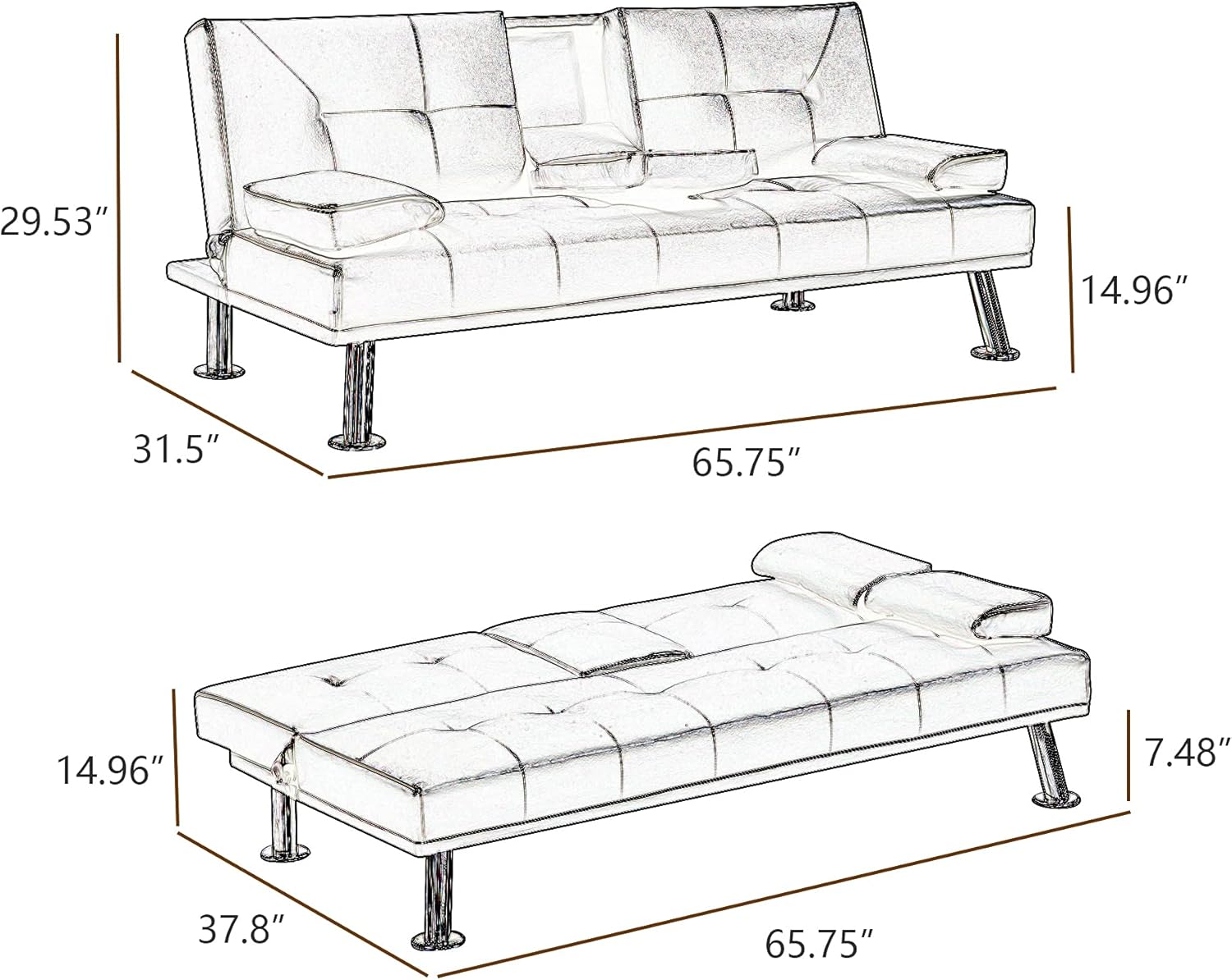 Black Faux Leather Loveseat Sofa Bed with Cup Holders, Convertible Folding Sleeper Couch Bed