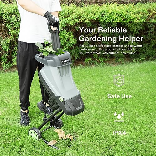VIVOSUN 15-Amp Electric Wood Chipper Shredder with 1.77" Hopper & 50L Collection Bag, Includes Plunger, Extra Carbon Blades