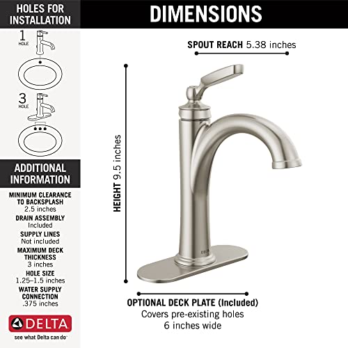 Delta Woodhurst Brushed Nickel Bathroom Faucet 1 Hole, Single Hole Bathroom Sink Faucet for Vanity, Metal Push-Pop Drain Assembly
