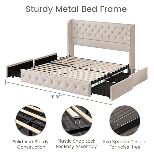 King Size Bed Frame with 4 Storage Drawers and Tufted Headboard Linen Upholstered Platform Bed Frame Wingback Beds with Wooden Slats Support