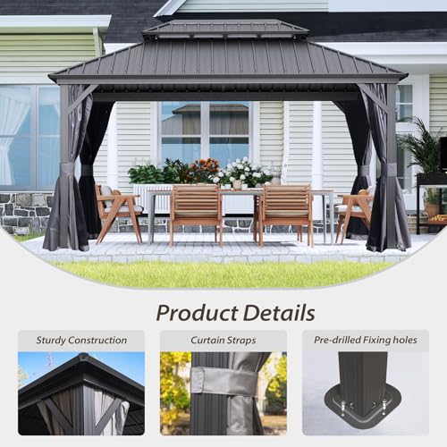 Domi 10’ x 10’ Hardtop Gazebo Metal Frame Canopy with Netting & Curtains