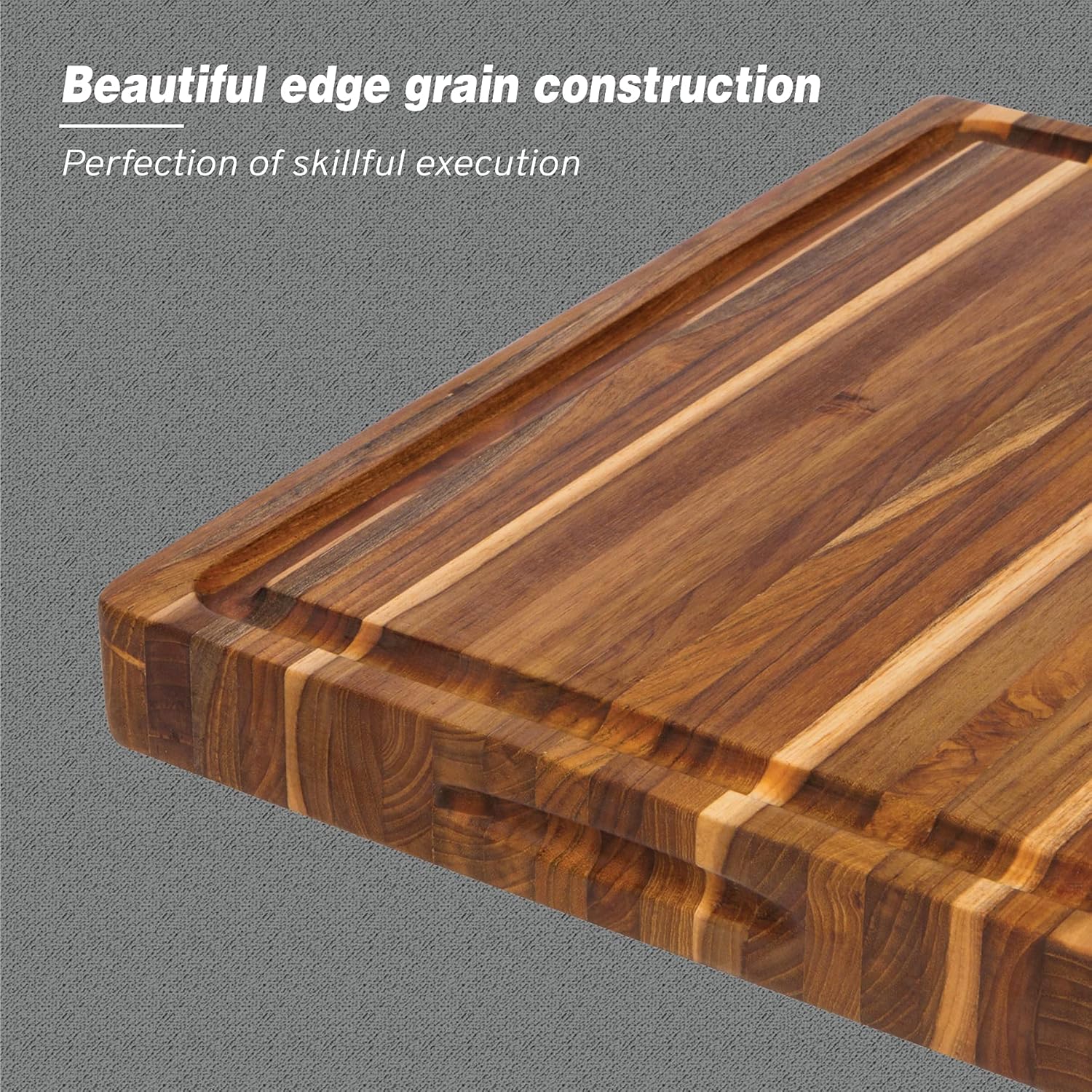 Large Teak Wood Cutting Board - Juice Groove, Reversible, Thick Edge Grain Carving Block (17 x 13 x 1.6 inches | Large)