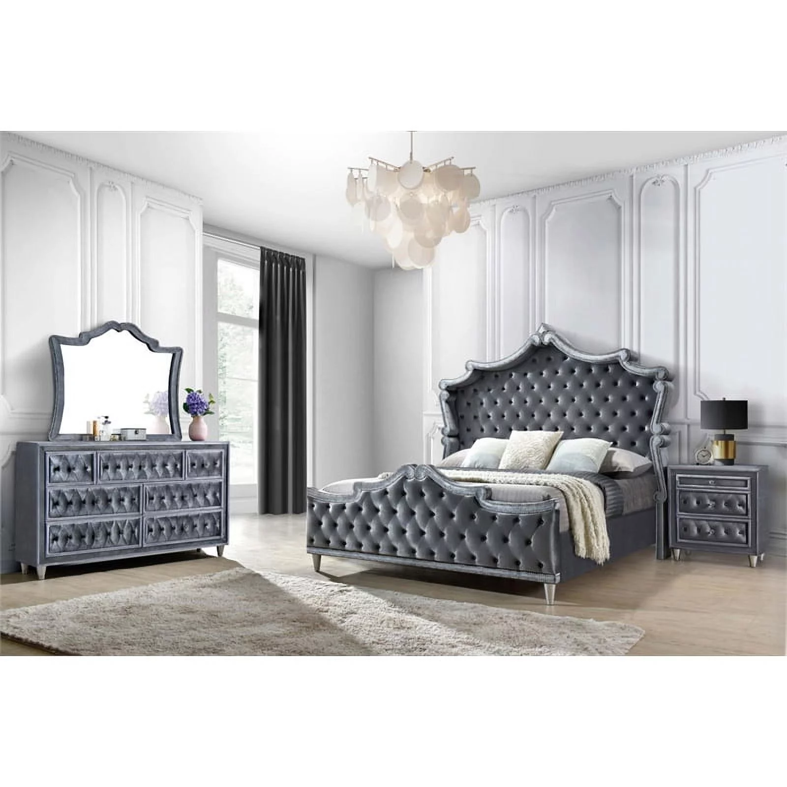Maklaine 4-Piece Velvet Upholstered Tufted Queen Bedroom Set in Gray