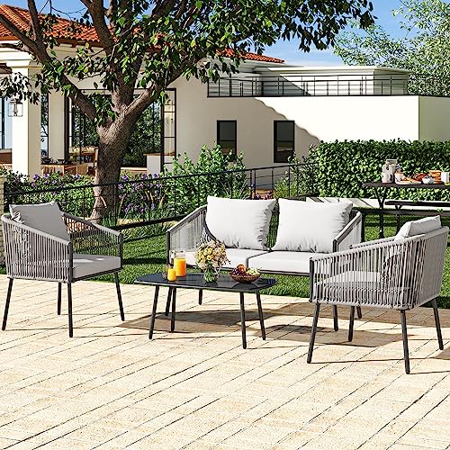 YITAHOME 4-Piece Patio Furniture Wicker Outdoor Bistro Set, All-Weather Rattan Conversation Loveseat Chairs for Backyard