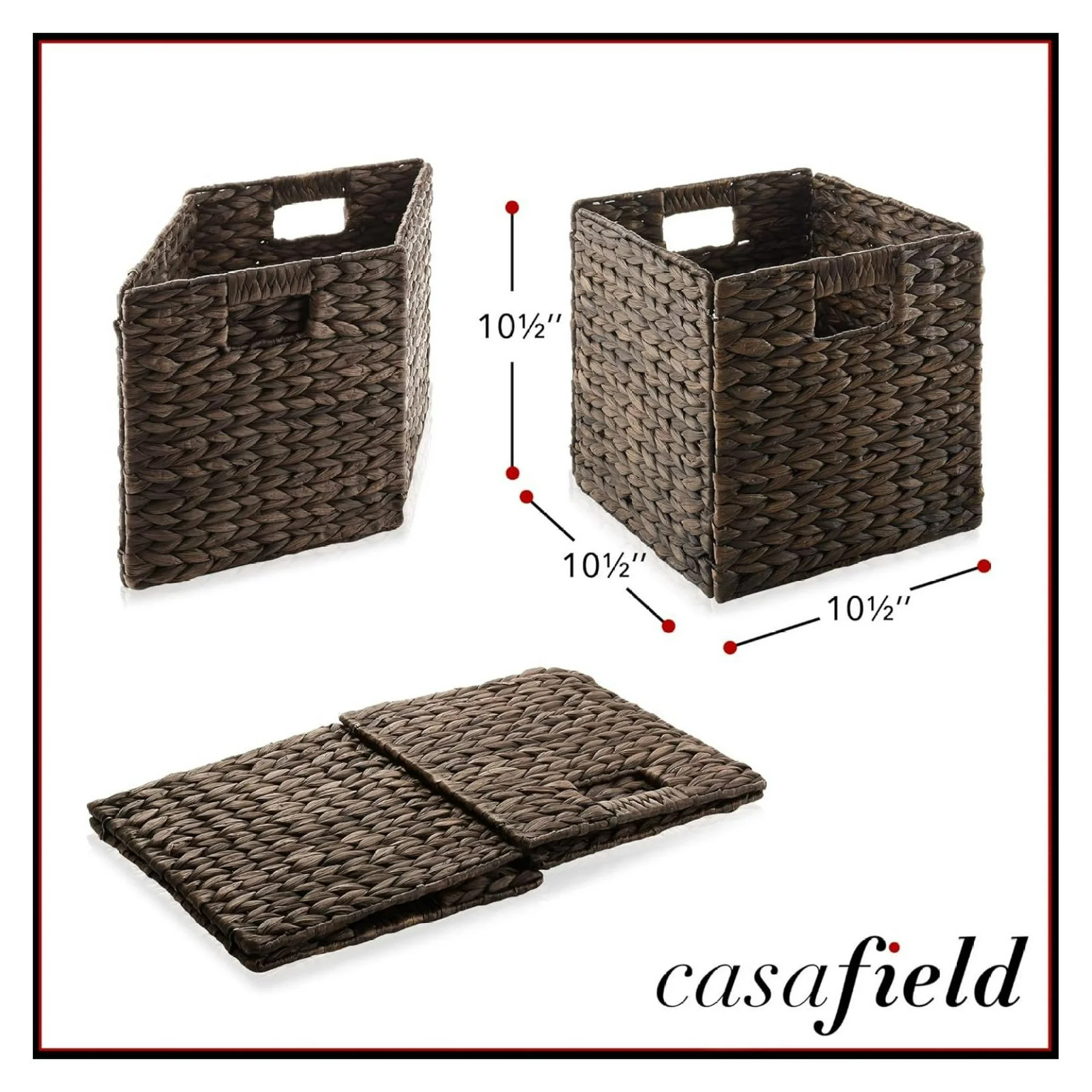 10.5x 10.5Water Hyacinth Storage Baskets, Espresso - Set of 4 Collapsible Cube Organizers, Woven Bins for Bathroom, Bedroom, Laundry, Pantry