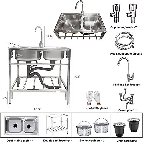 Outdoor Utility Sink Stainless Steel Double Bowl Sink Free Standing Commercial Restaurant Kitchen Sink with Hot and Cold Faucet for Laundry,Garage