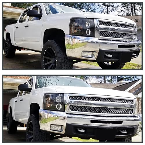 SPEC-D TUNING LED + Halo Jet Black Housing Clear Lens Projector Headlights Compatible with 2007-2013 Chevy Silverado 1500