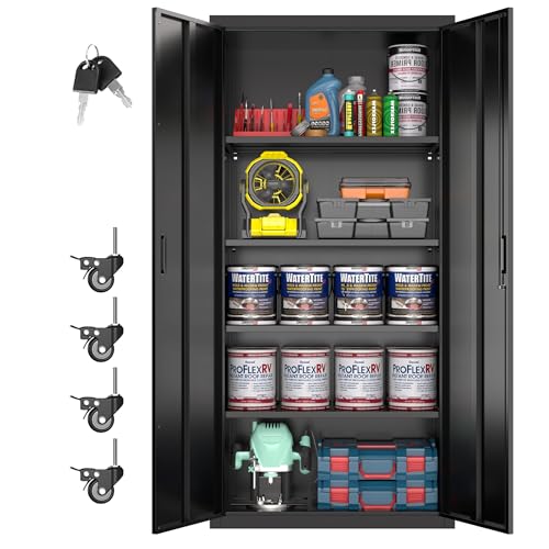71" Metal Storage Cabinet with Wheels and Pegboard, Lockable Rolling Steel Storage Cabinet with 5 Adjustable Shelves and Door for Garage, Office