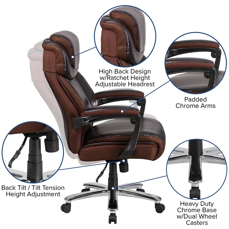 BizChair Big & Tall 500 lb. Rated Brown LeatherSoft Executive Swivel Ergonomic Office Chair with Adjustable Headrest