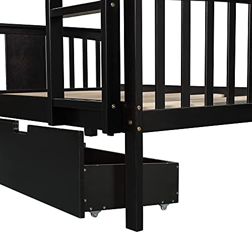 SOFTSEA Twin Over Full Bunk Bed with Slide, Solid Wood Bunk Beds with Stairs for Kids