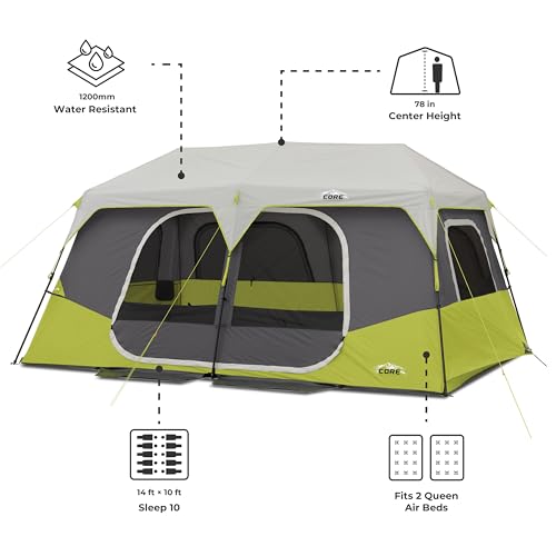 CORE Instant Cabin Tents | 6 Person / 9 Person / 10 Person / 12 Person Family Cabin Multi Room Pop Up Tents Car Camping | Included Storage Pockets