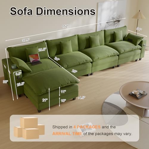 Modular Sectional Sofa, Cloud Couch with Ottoman, Charging Station, Throw Pillows, Cup Holders, Modern Convertible U Shaped Couches for Living Room