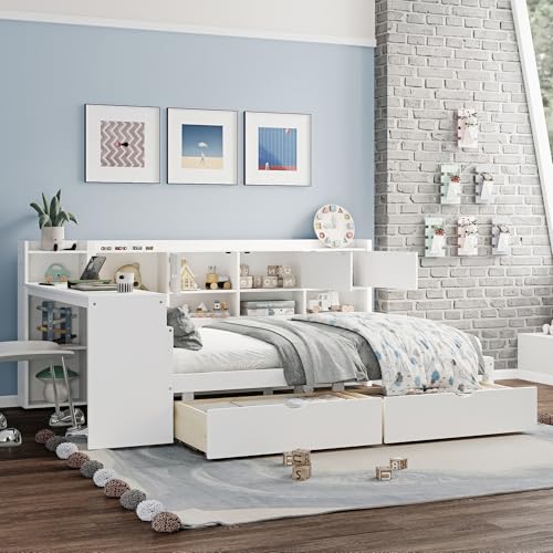 Corner Twin Bed Frame with Bookcase Storage and Desk, Wood Day Beds with 2 Drawers, Twin Size Daybed with Storage for Living Room