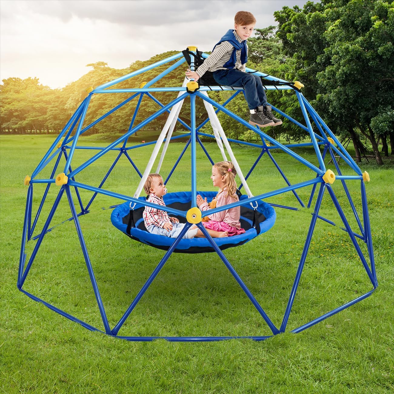 10ft Climbing Dome with Net Chair, Geometric Dome Climber Play Center with Rust & Uv Resistant, Supporting 1000lbs