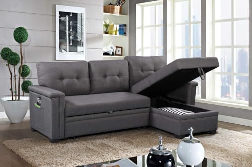 Ball & Cast Convertible Sofa Bed with Reversible Storage Chaise,Linen Sleeper Sofa Couch L Shaped Pull Out Couch Bed