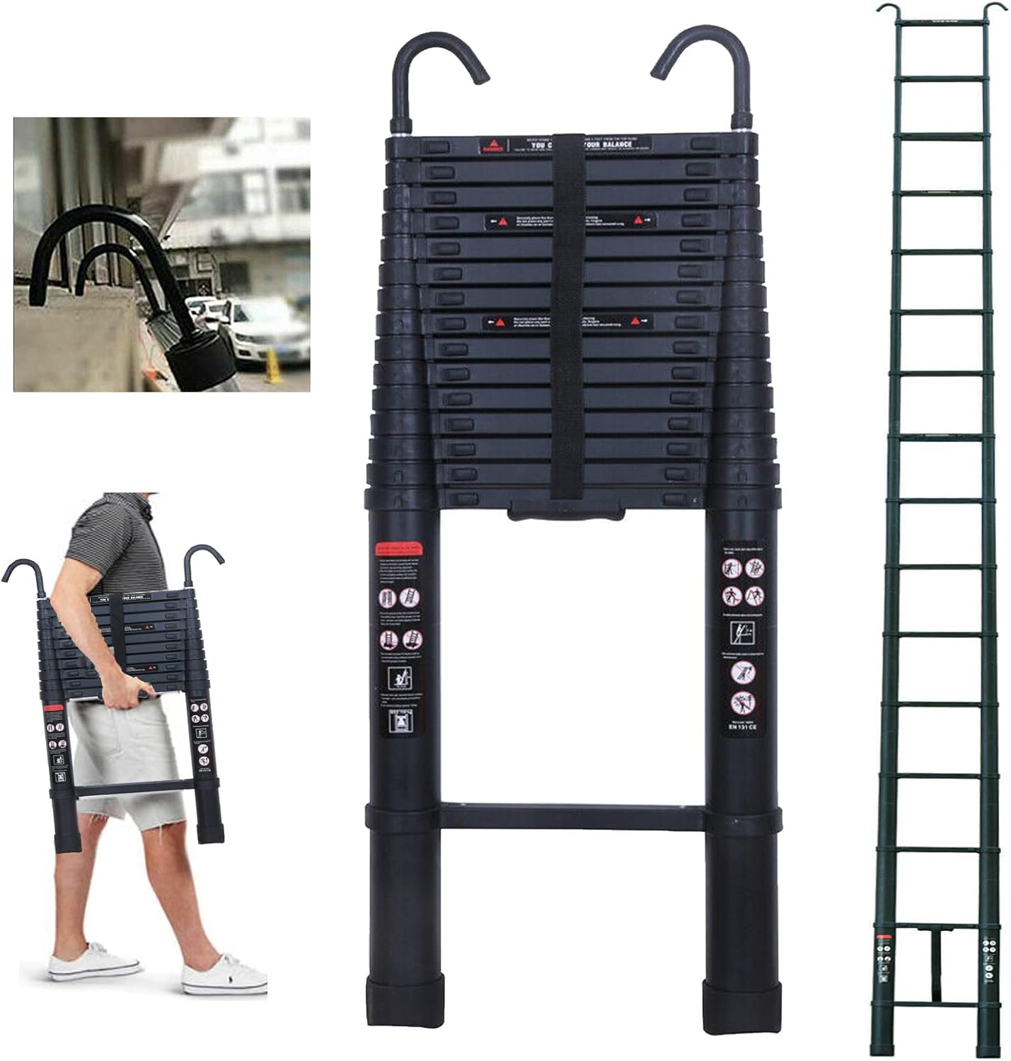 20 FT Aluminum Telescoping Ladder with 2 Detachable Roof Hooks(2.8 inch), Lightweight Telescopic Extension Ladder for Home
