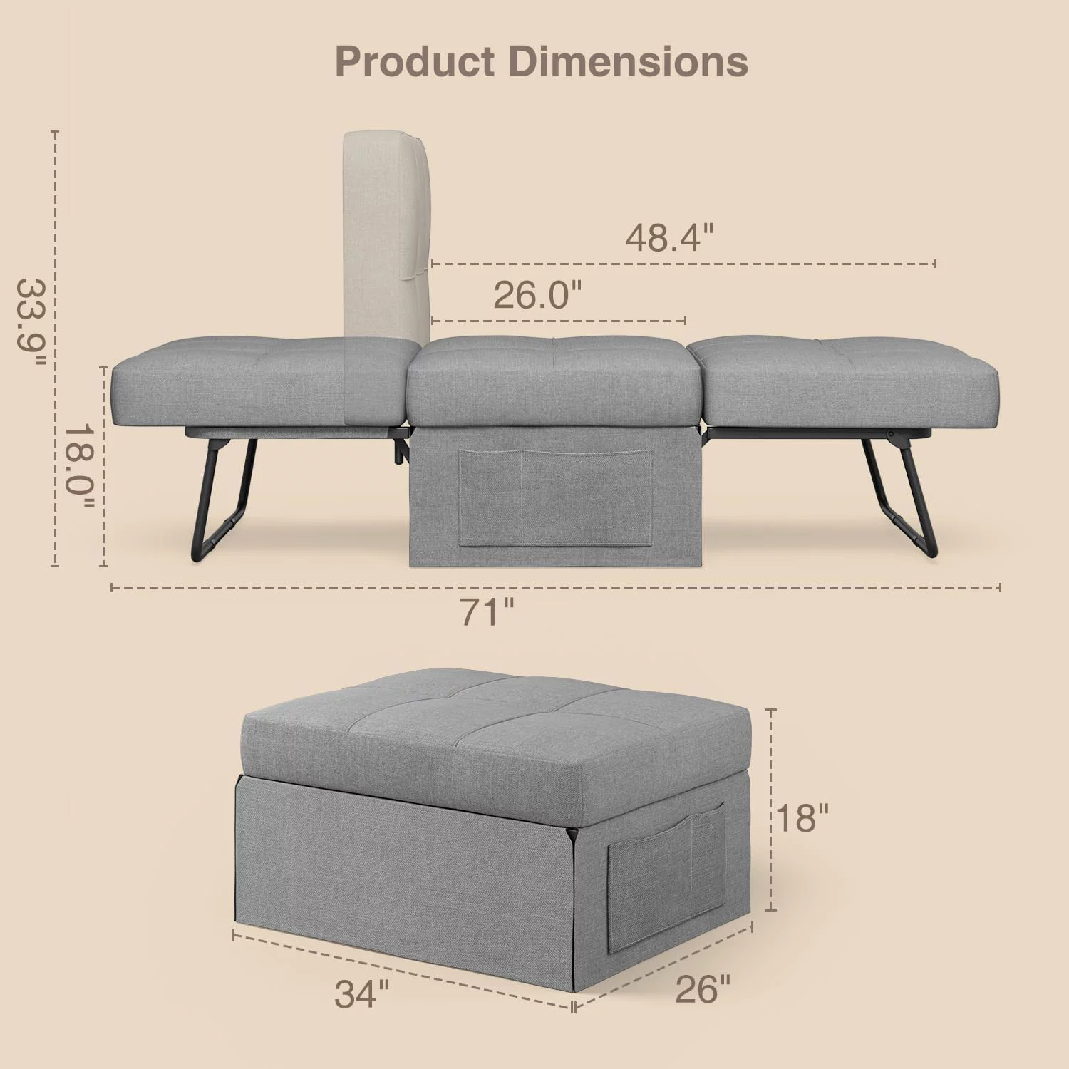 4 in 1 Sofa Bed, Sleeper Chair Bed Convertible Chair, Assembly-Free Sofa Chair Bed with Adjustable Backrest Breathable Linen