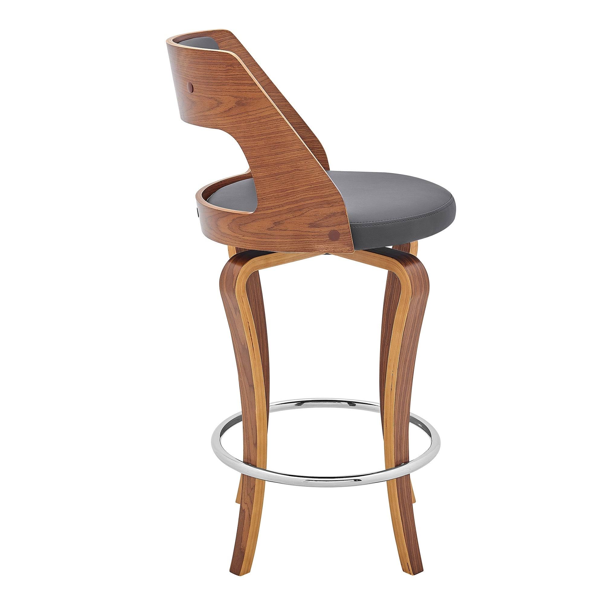 Armen Living Grady 26x22 Swivel Gray Faux Leather and Walnut Wood Bar Stool