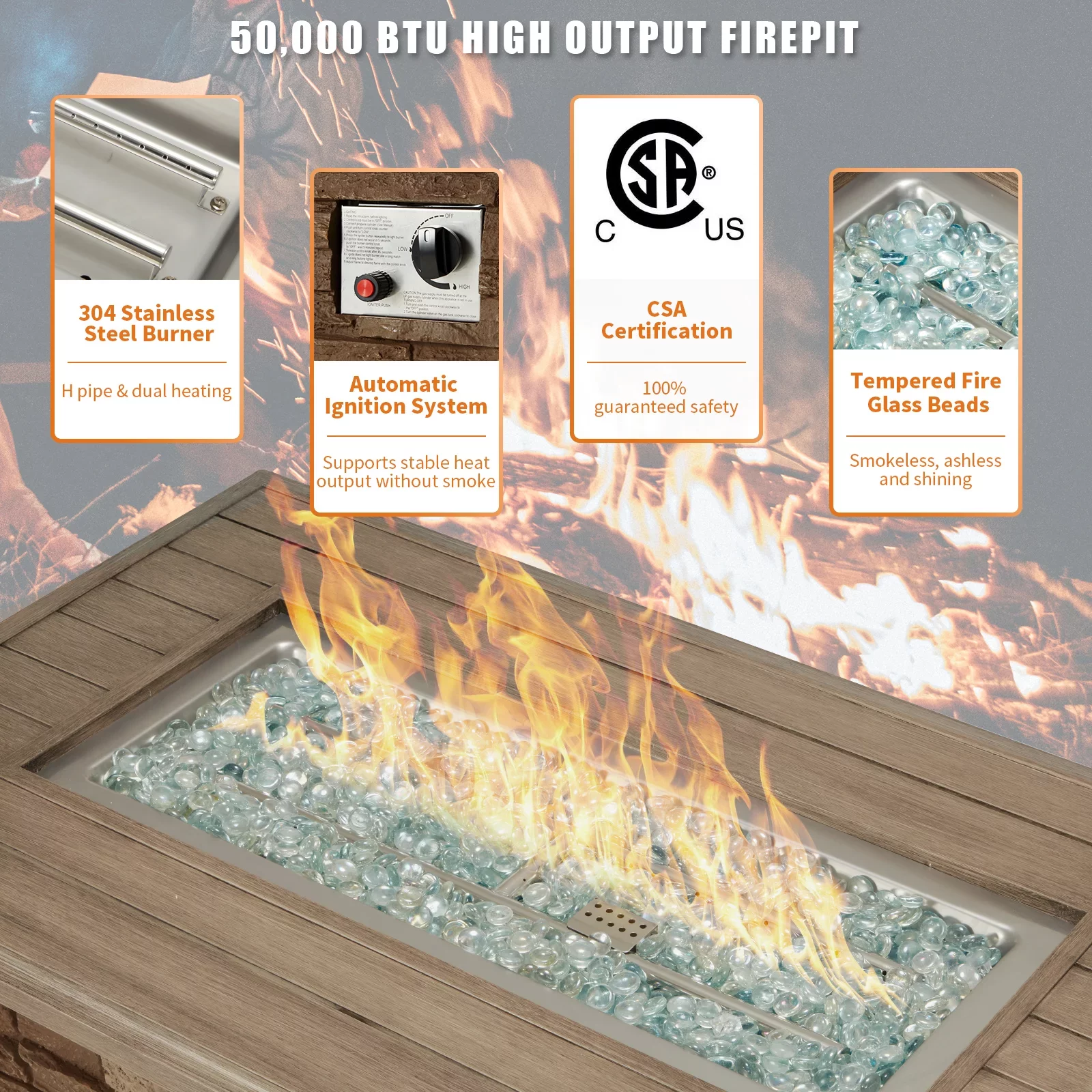 Vicluke 44 inch Aluminum Propane Fire Pit Table with Faux Ledgestone, Hand-Painted Table Top, 50,000 BTU Gas Fire Table with CSA Certification