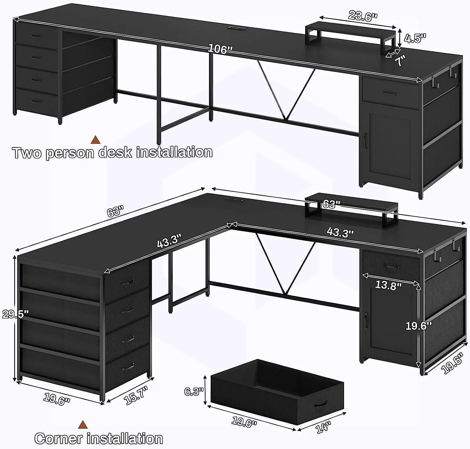L Shaped Desk with 5 Drawer and Power Outlet, 63" Reversible Computer Desk with Monitor Shelf, Storage Cabinet, Black