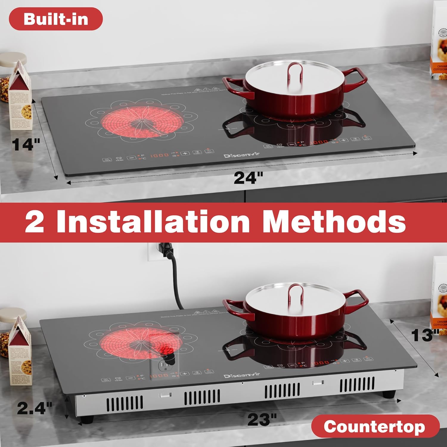 2 Burner Electric Cooktop - 24 Inch Elecric Stovetop Built-in and Countertop, Portable Double Burner Ceramic Cook Top with Child Lock, Timer
