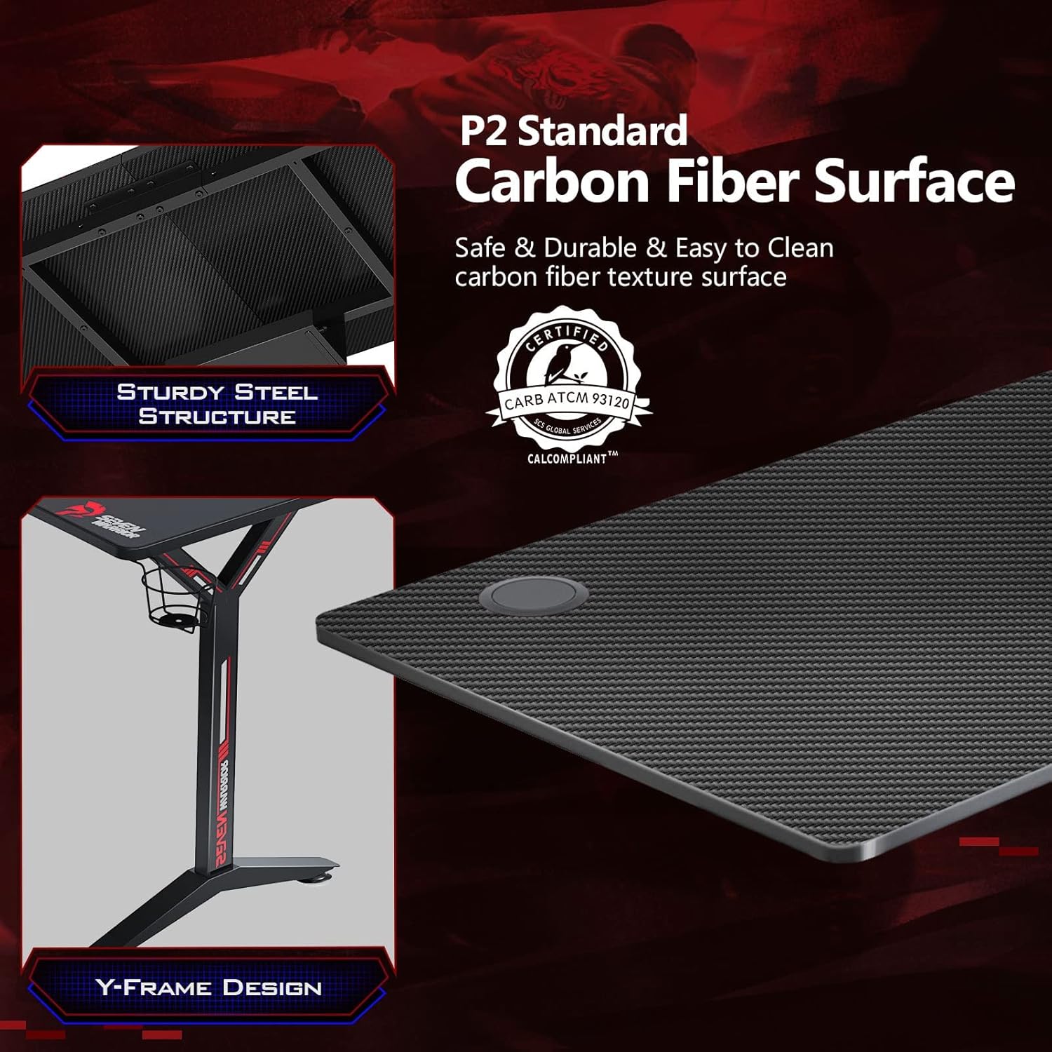 SEVEN WARRIOR Gaming Desk 55INCH with LED Strip & Power Outlets,Carbon Fiber Surface Computer Gamer Desk with Full Desk Mouse Pad