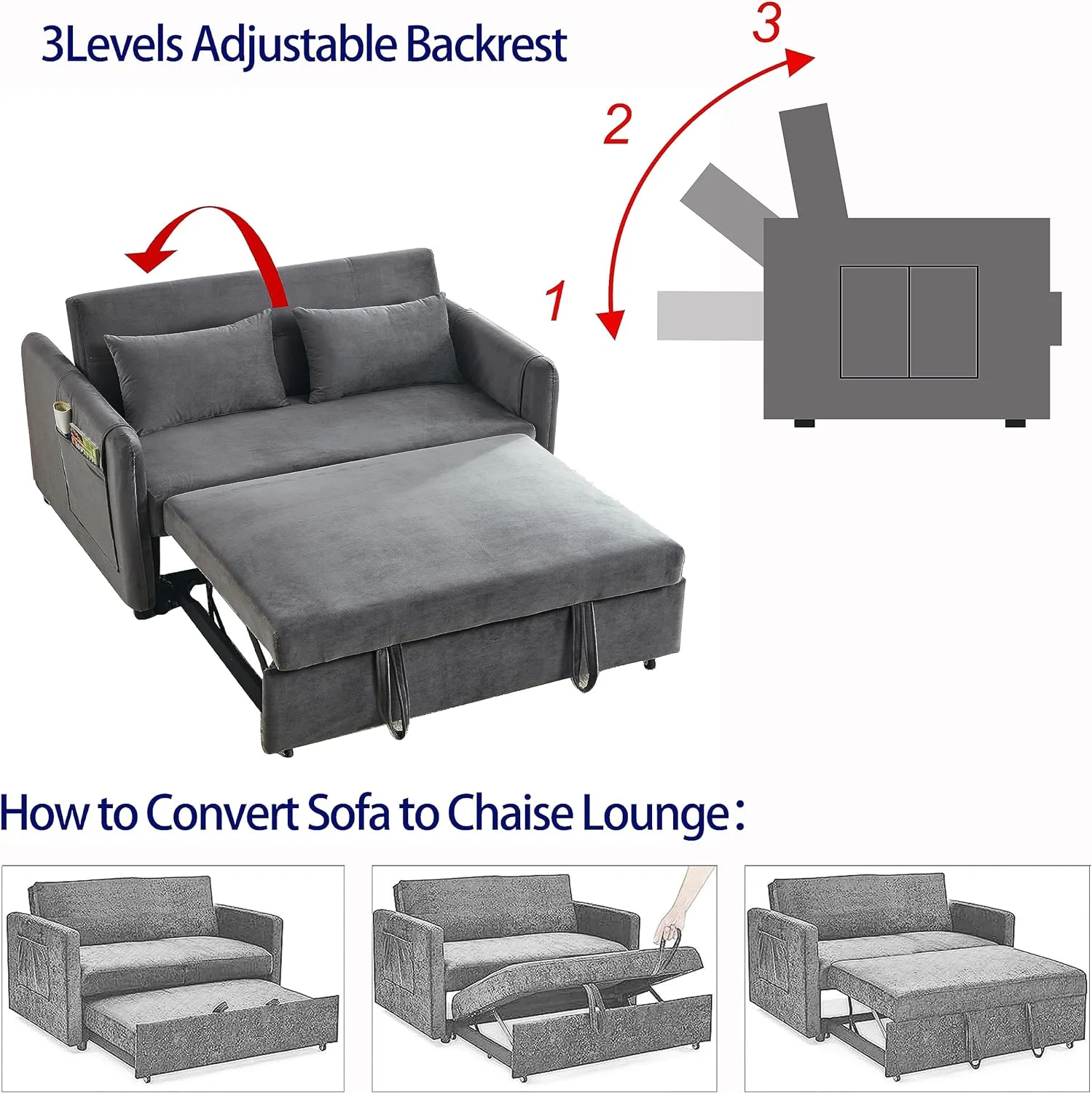Mbolyeer 54" Modern Convertible Sleeper Sofa Bed, Velvet Loveseat Sofa Couch w/Pull-Out Bed, Seat with Adjustable Backrest, Lumbar Pillows