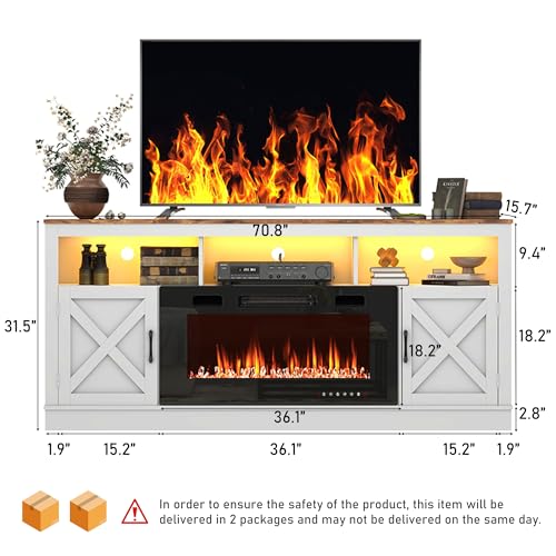 Farmhouse Fireplace TV Stand for 70/75/80 Inch TV, 32”Tall Entertainment Center w/ 36”Electric Fireplace & LED Light