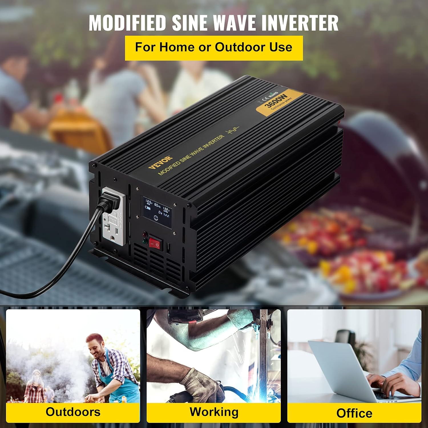 VEVOR Power Inverter, 3600W Modified Sine Wave Inverter, DC 12V to AC 120V Car Converter, with LCD Display, Remote Controller, LED Indicator