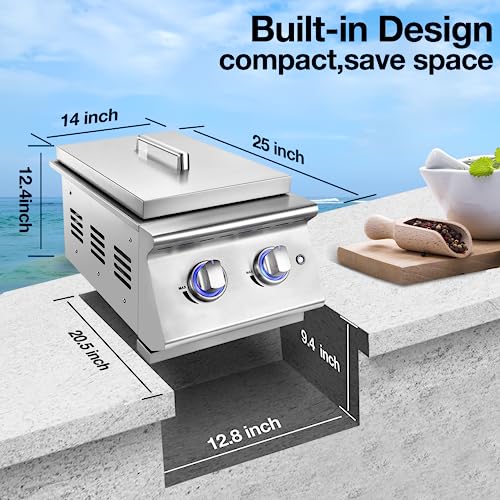 Double Grilling Side Burners for Outdoor Kitchen, 2 * 15,000BTU Liquid Propane Burners, Duty Heavy 304 Stainless Steel, with Natural Gas Kit