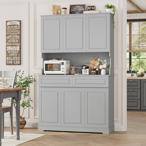 74" Pantry Cabinet, Tall Kitchen Pantry Cabinet with 6 Doors and 2 Drawers, Kitchen Hutch with Wide Countertop