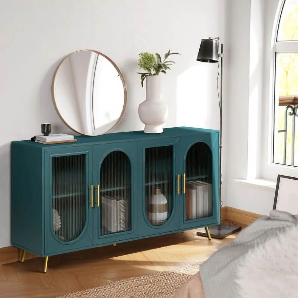 Motent Wood TV Stand with Storage Cabinet & Adjustable Shelves, TV Stand for 65+ Inch TV, Media TV Console for Living Room Bedroom, Antique Blue