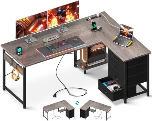 AODK L Shaped Gaming Desk with 4 Drawers, 61" Reversible Home Office Desks with Power Outlets