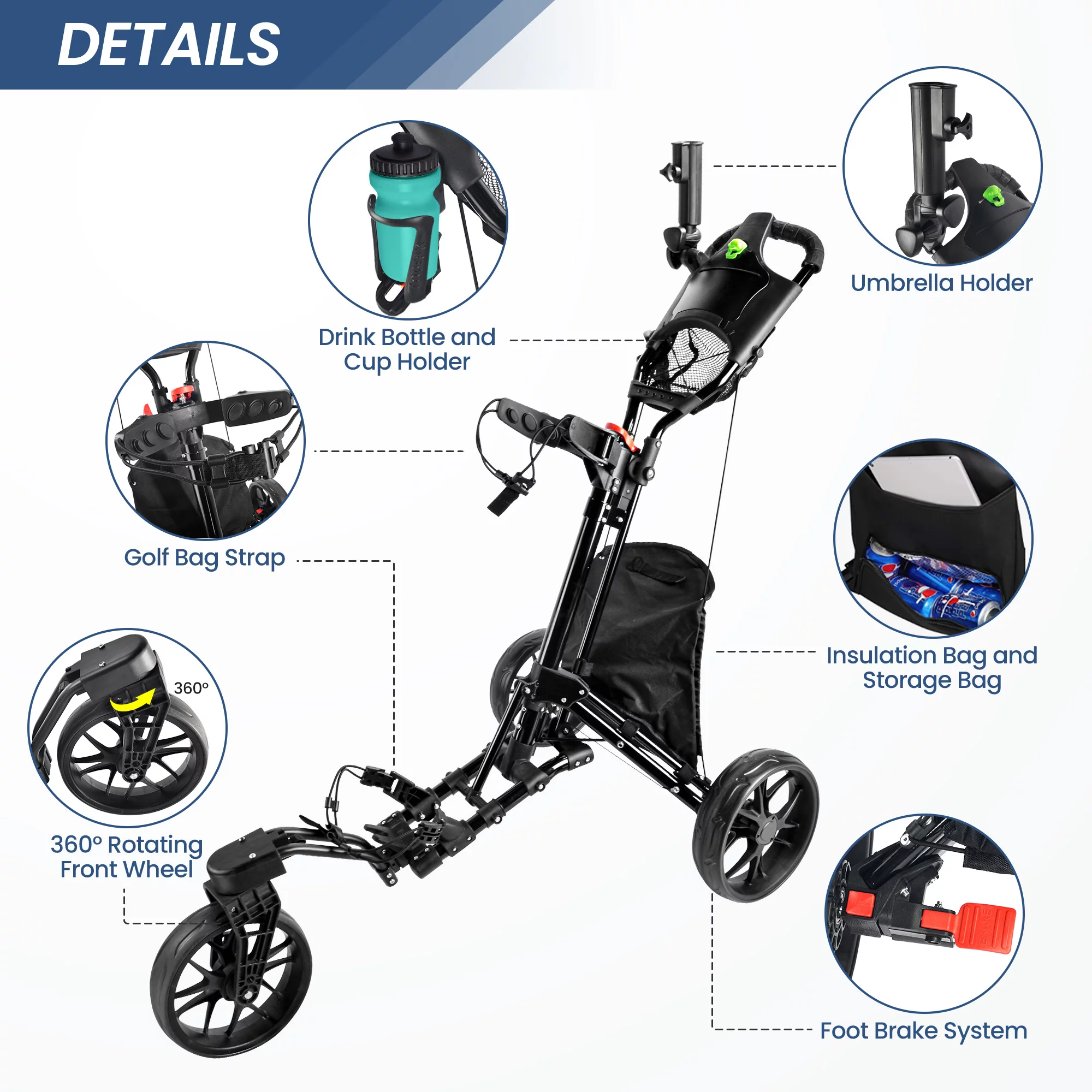 BOBOPRO Universal Wheel Golf Push Cart with Footbrake, Bottle Holder, Umbrella Stand, Cooler Bag,Balck - Curated Treasures Market