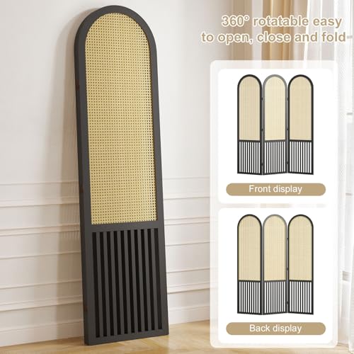 Room Divider and Folding Privacy Screens, Pine Wood 5.6 Ft Double Hinged Rattan Partition Freestanding Wall Room Divider for Home - 3 Panels