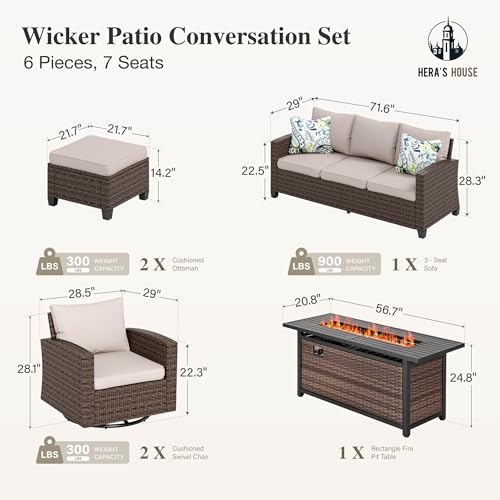 HERA'S HOUSE Patio Furniture Set with 56" Fire Pit Table, Outdoor Patio Conversation Sets