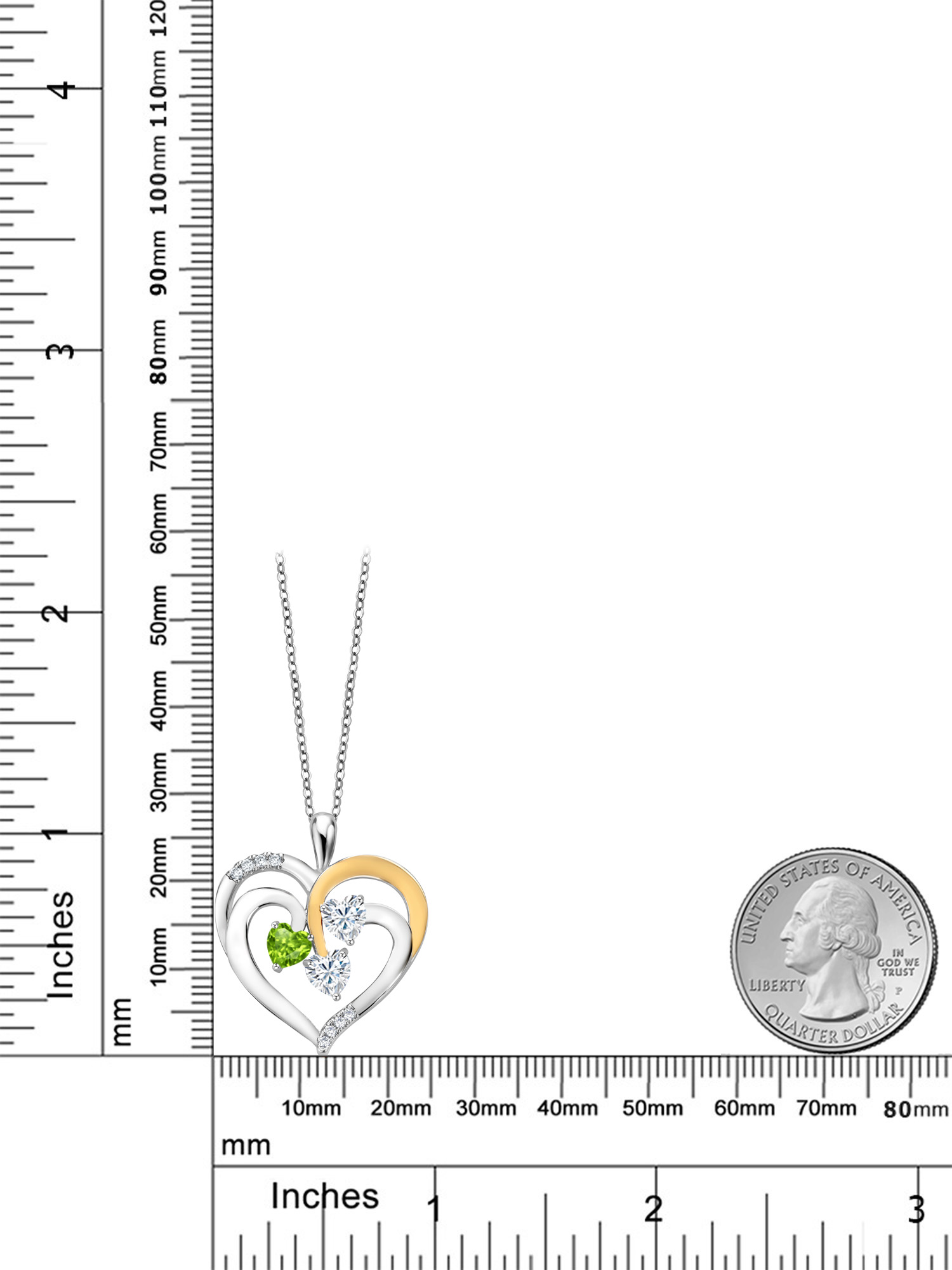 Gem Stone King 925 Two-Tone Sterling Silver and White Green Peridot and White Moissanite Pendant Necklace For Women (1.34 Cttw, Heart Shape 5MM